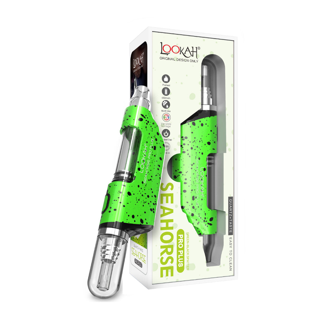 Lookah Seahorse Pro Plus vaporizer in green with packaging, side view, easy to use design