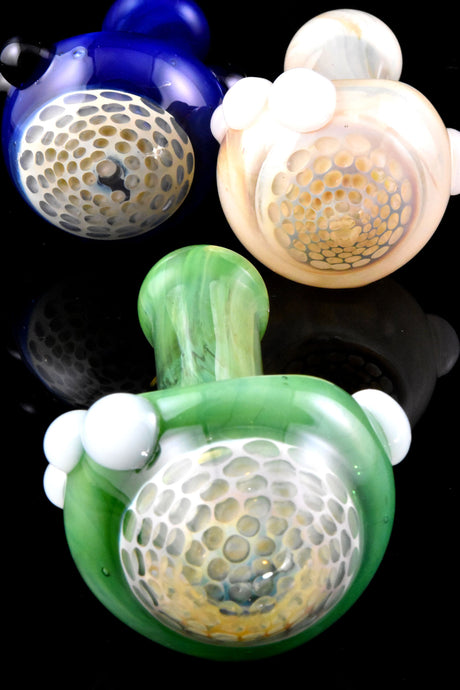 Silver Fumed Honeycomb Bowl Glass Spoon “Beehive Glow” – 5″ – Assorted Colors