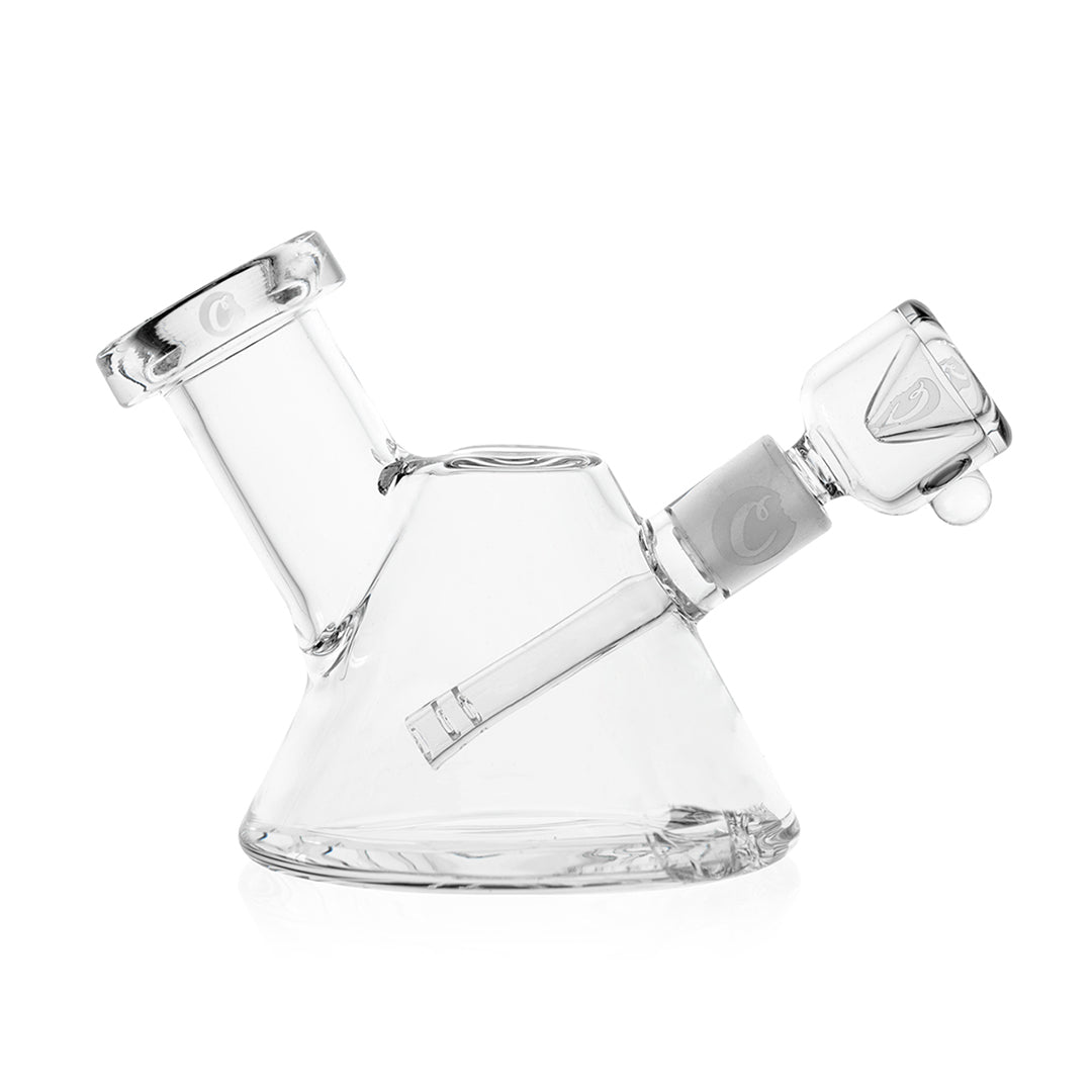 Cookies Bayside Series clear borosilicate glass bong with 14mm female joint, side view on white background