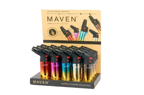 Maven Torch Alpha Chrome 5-Pack with colorful rotatable jet flames on display stand