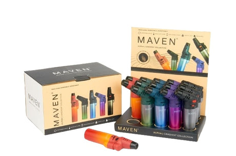 Maven Torch Alpha Gradient 5-Pack with rotatable jet flames in various colors, front view on white background