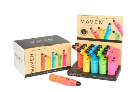 Maven Torch Alpha Neon 5-Pack display with colorful jet flame lighters for dab rigs