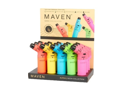 Maven Torch Alpha Neon 5-Pack display, featuring rotatable jet flame lighters in vibrant colors