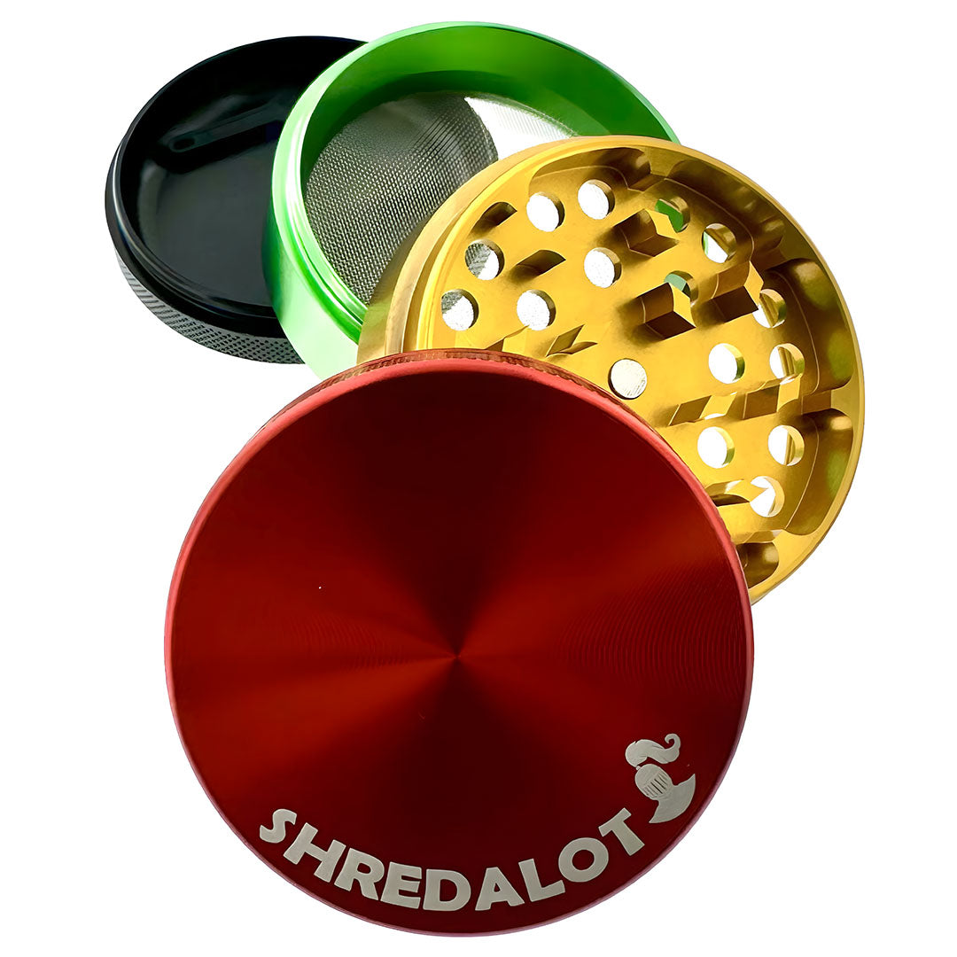 Sir Shredalot 4-part Grinder 63mm in red, green, and gold, top view with components displayed