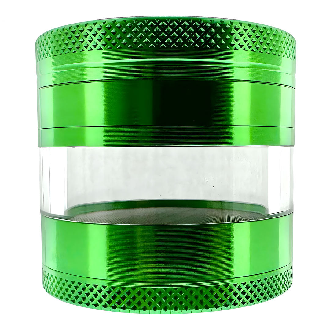 Sir Shredalot 4-Part Clear Chamber Grinder in vibrant green, front view on white background