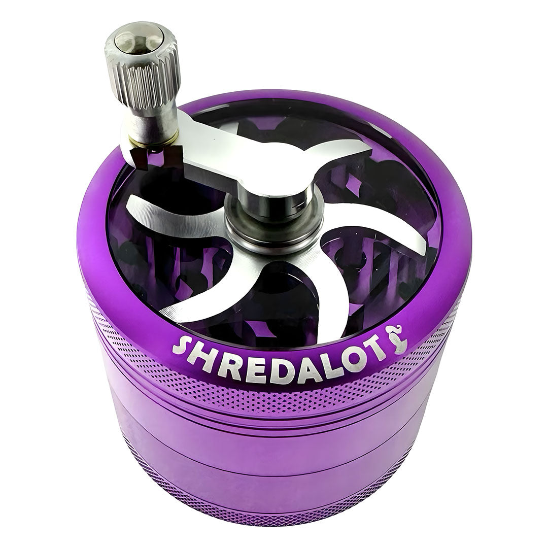 Sir Shredalot Crank Top 4-Part Grinder in Purple - Top View with Sharp Teeth Visible