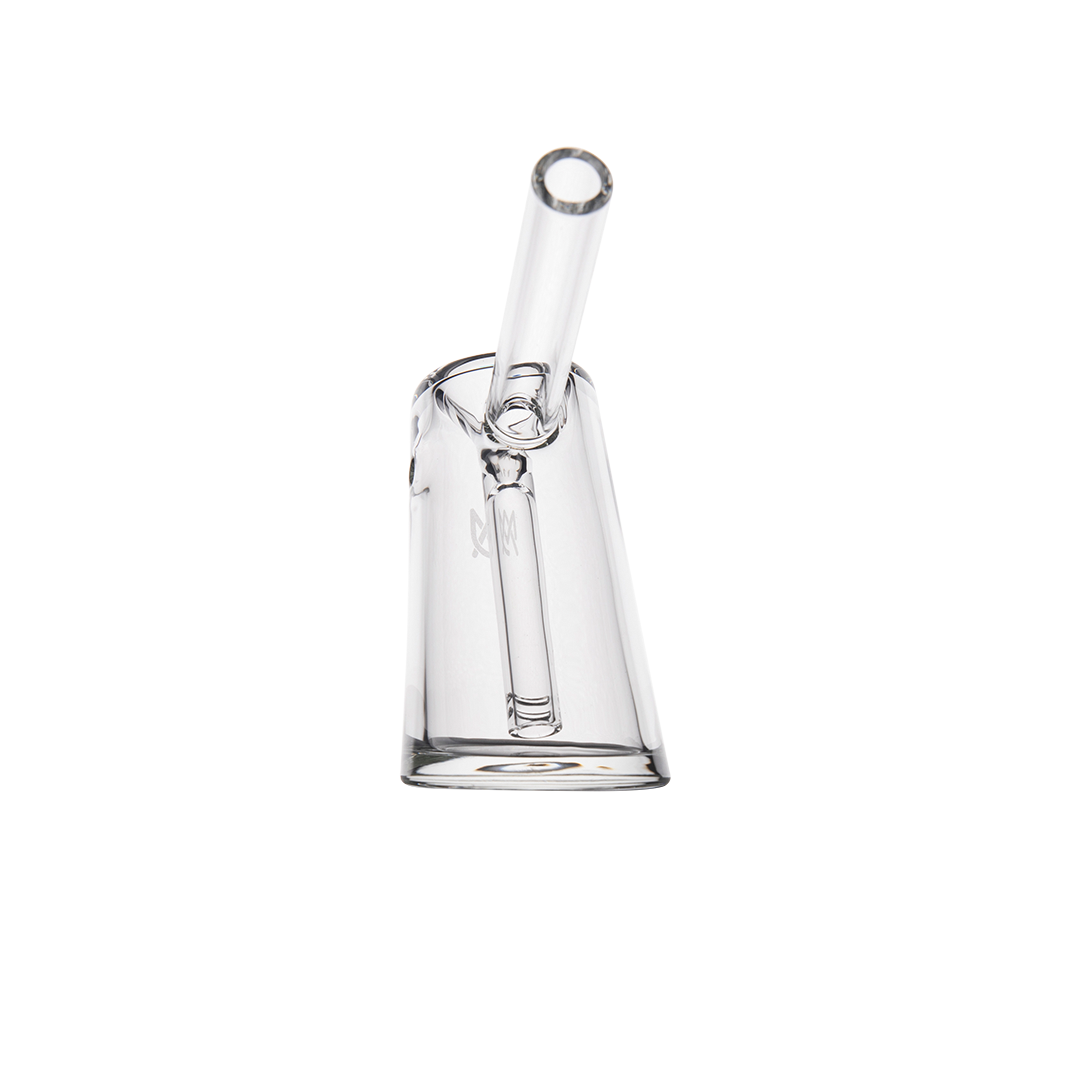 MJ Arsenal Fulcrum Bubbler front view, clear borosilicate glass with compact design