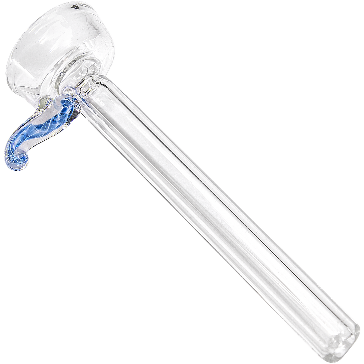 LA Pipes 9mm clear funnel slide bowl with blue handle for bongs, side view on white background