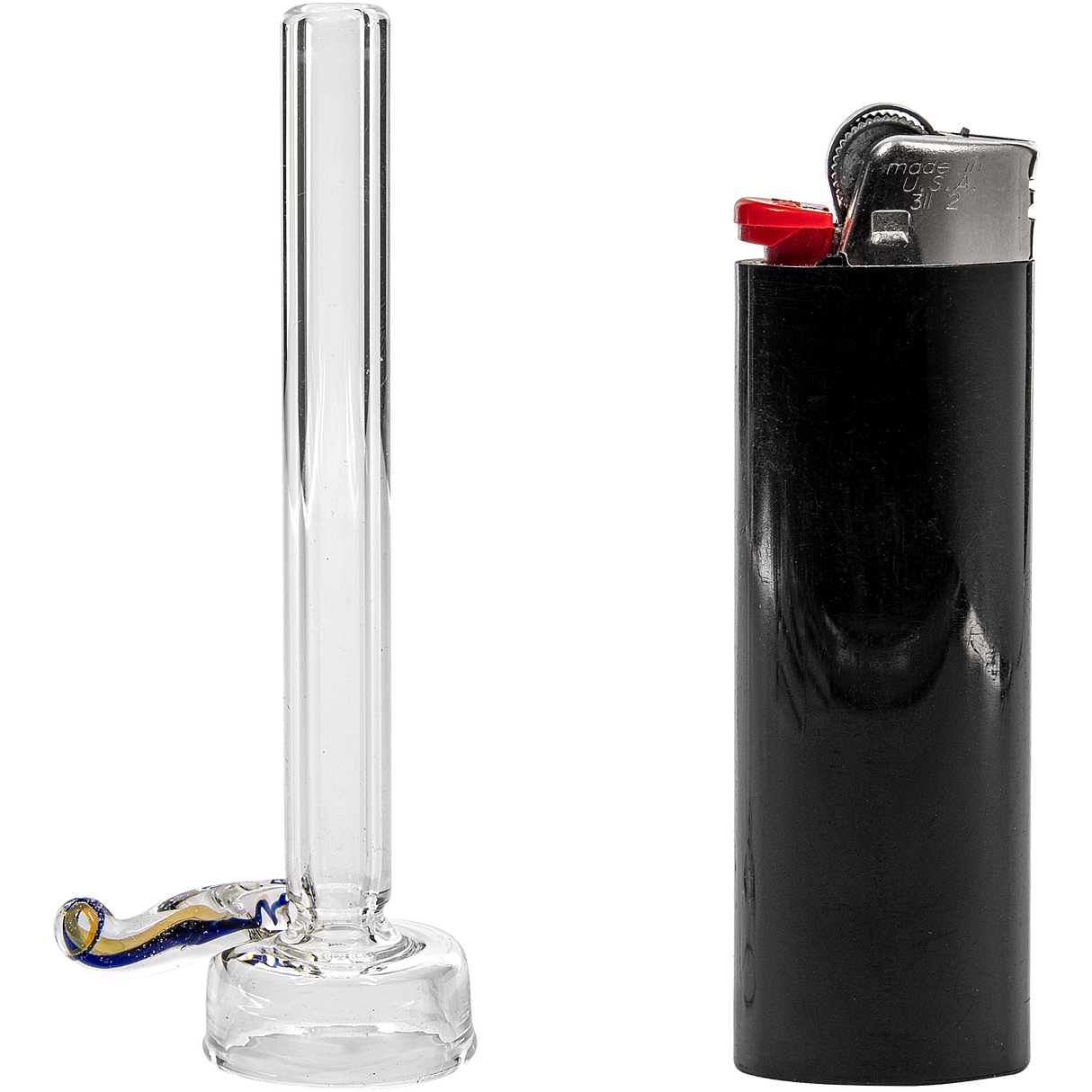 LA Pipes 9mm Clear Funnel Slide Bowl with Blue Handle next to Lighter, Side View