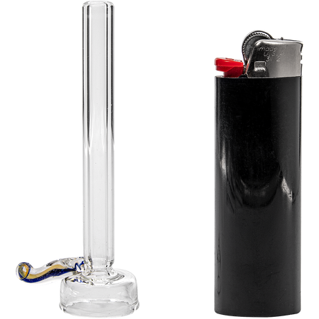 LA Pipes 9mm Clear Funnel Slide Bowl with Blue Handle next to Lighter, Side View