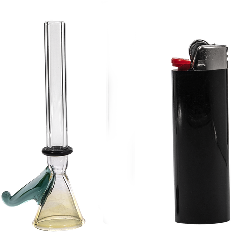 LA Pipes 9mm Funnel Slide Bowl with Handle next to lighter, clear borosilicate glass, front view