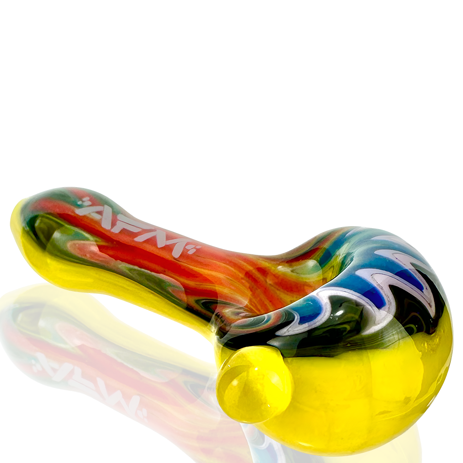 3" AFM Wig-Wag Glass Hand Pipe, featuring vibrant colored glass design, side view on reflective surface