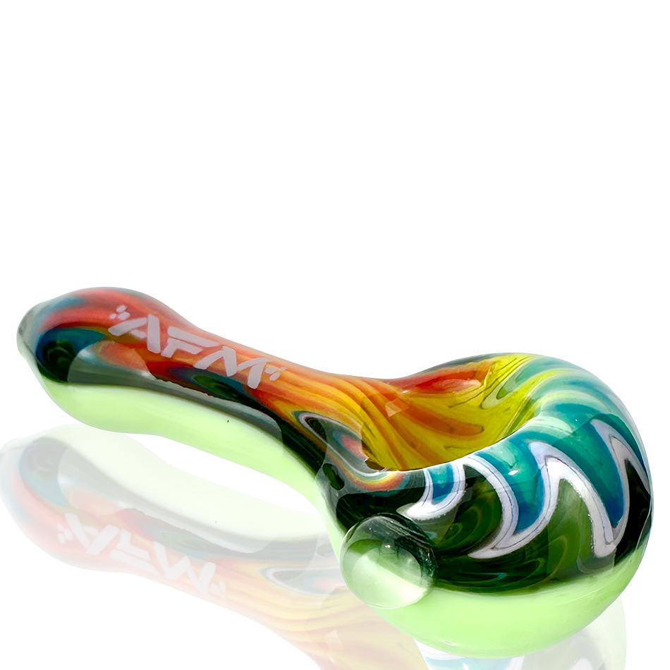 AFM 3" Wig-Wag Glass Hand Pipe with Vibrant Colored Glass, Side View on Reflective Surface