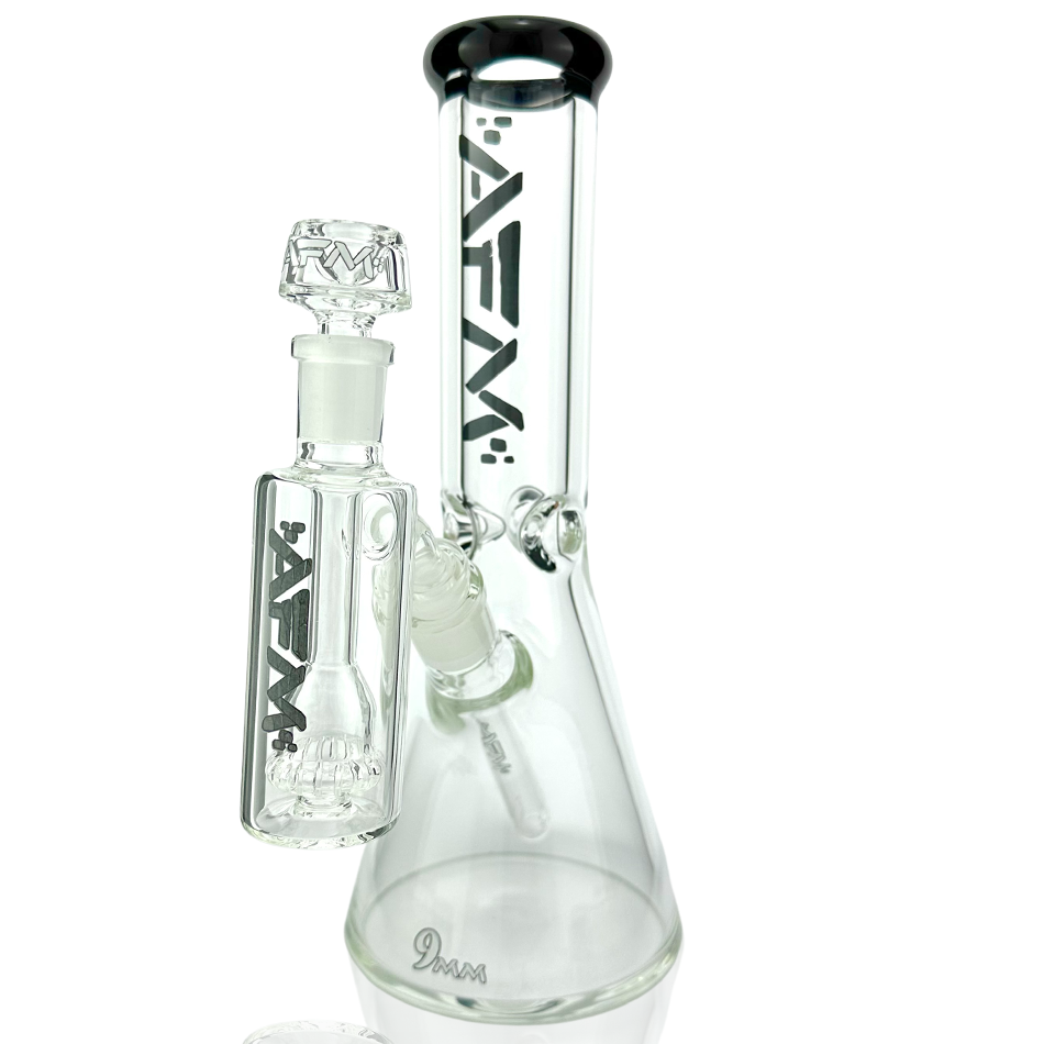 12" AFM Glass Candy Cane Beaker Bong with Showerhead Perc, Front View on White Background