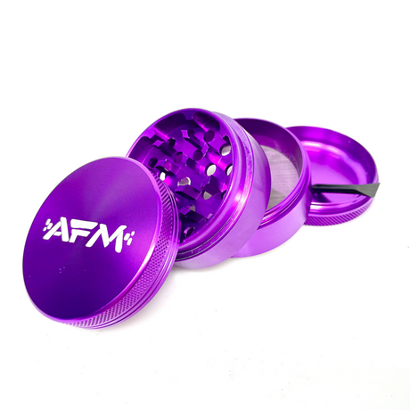 AFM 4-Piece Aluminum Herb Grinder in Purple with Textured Grip - Angled Open View