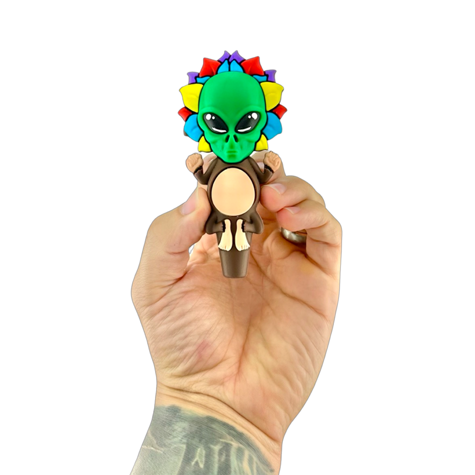 AFM 4" Alien Silicone Hand Pipe with Screen Bowl held in hand, front view on white background