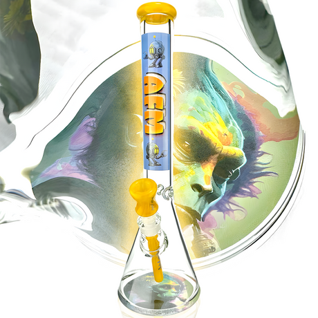 AFM AI God Sekhmet 9mm Glass Beaker Bong with Dry-Catcher, Front View on Artistic Background