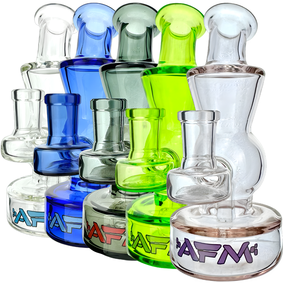 Assortment of 6" AFM Full Color Glass Mini Dab Rigs in various colors with branded bases