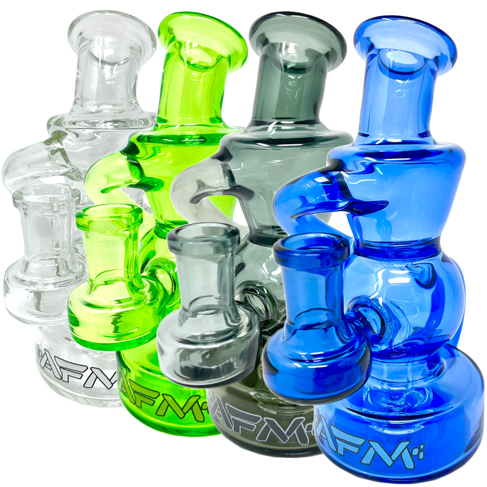 AFM Mini Recycler Dab Rigs in Full Color 6" with Showerhead Perc, angled side view