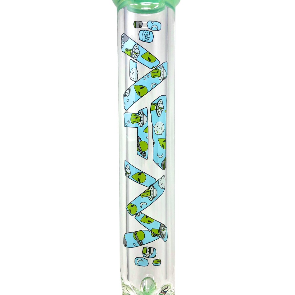 18" AFM Glass Beaker Bong with Green Alien Graphics, 14mm Female Joint, Front View