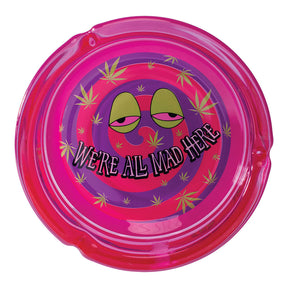 Fujima 'We're All Mad Here' vibrant glass ashtray with whimsical design, top view