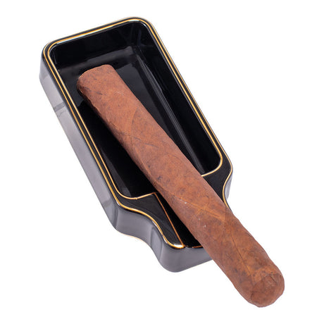 Lucienne Ceramic Solo Cigar Ashtray in Black with Gold Accents and Cigar, Top View