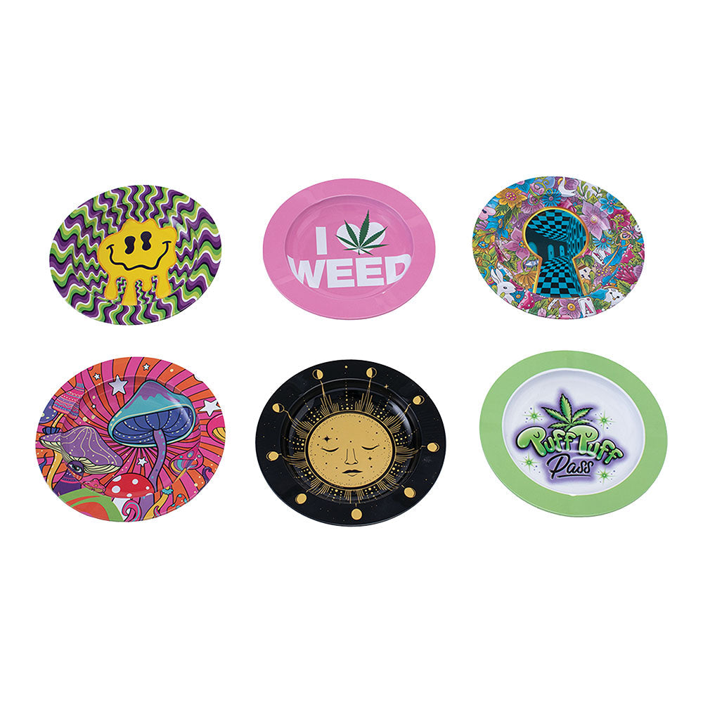 Assorted Fujima Dazed Round Metal Ashtrays Display - 5.4" with various psychedelic and cannabis-inspired designs