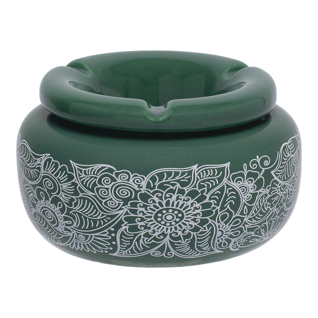 Fujima Moroccan Ceramic Ashtray in Green Floral Design, 5" Wide - Perfect for Stoner Moms