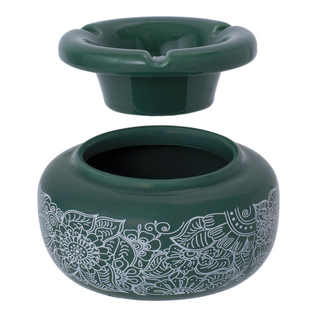Fujima Moroccan Ceramic Ashtray in Green Floral Design, 5" Wide with Deep Basin, Ideal for Stoner-Mom