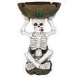 Fujima Sitting Skeleton Jumbo Ashtray, 18.75" Polyresin, Front View with Cannabis Leaf Detail