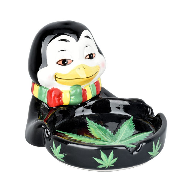 Stoned Penguin Ceramic Ashtray with cannabis leaf design - Front View