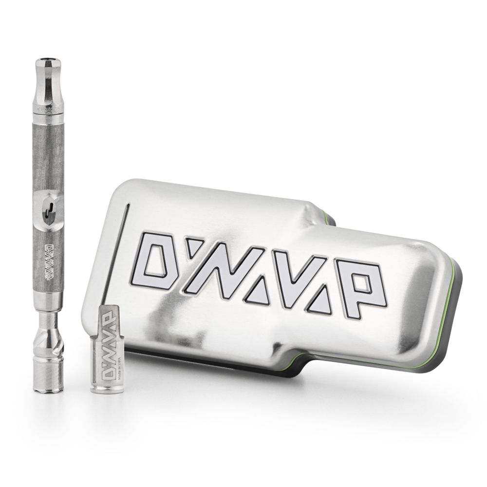 DynaVap The M 7 XL vaporizer with the cap off, shown next to its included DynaVap tin storage case, angle two.