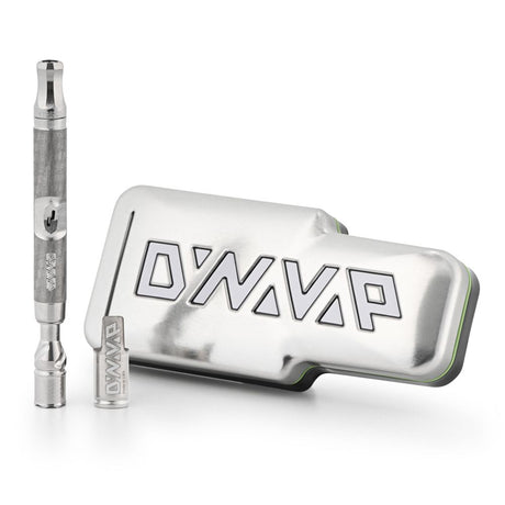 DynaVap The M 7 XL vaporizer with the cap off, shown next to its included DynaVap tin storage case, angle two.