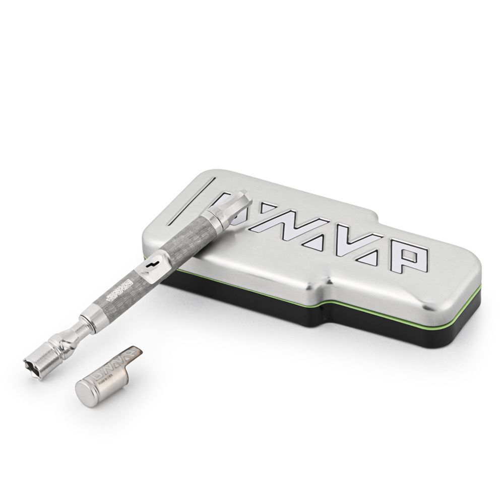 DynaVap The M 7 XL vaporizer with the cap off, positioned next to its included DynaVap tin storage case.