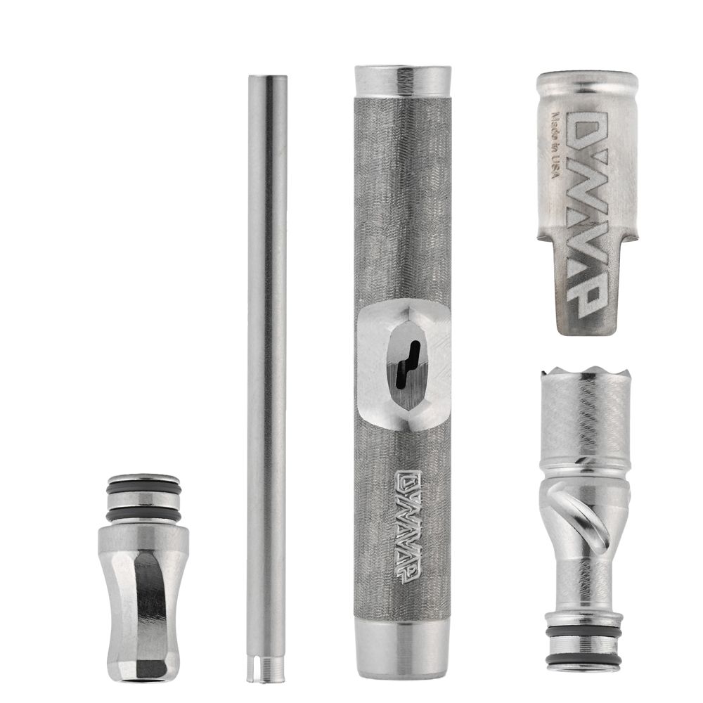 DynaVap The M 7 XL vaporizer parts breakdown, showing the tip, stem, condenser, and mouthpiece laid out.