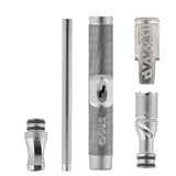 DynaVap The M 7 XL vaporizer parts breakdown, showing the tip, stem, condenser, and mouthpiece laid out.