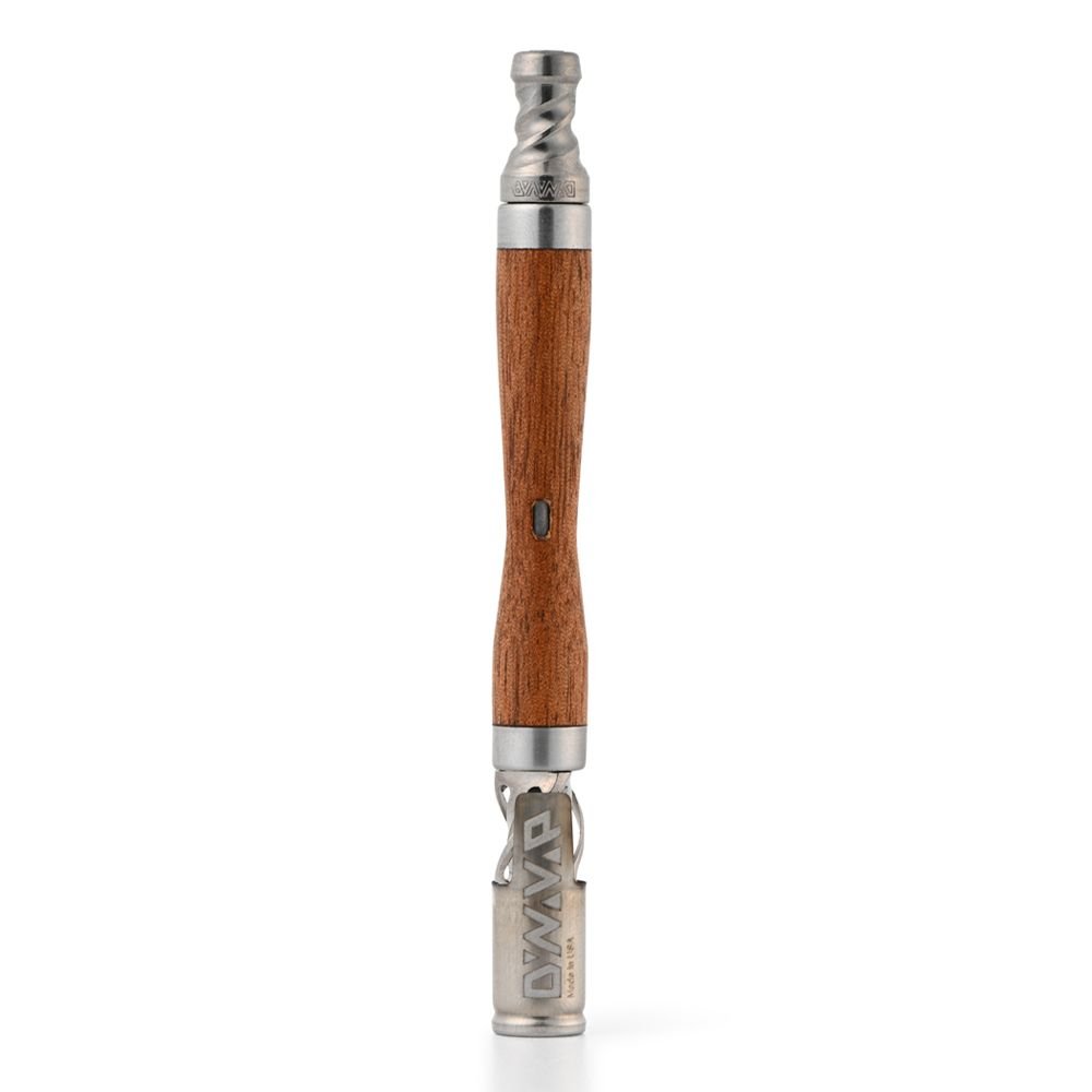 DynaVap WoodWynd Ipe angled product shot from February 2026, showing the wood stem and stainless steel cap.