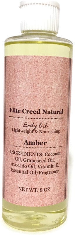 Elite Creed Natural Amber Scented Body Oil, CBD Infused, Front View on White Background