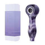 Astral Project Amethyst Gemstone Spoon Pipe with deep bowl, front view beside box