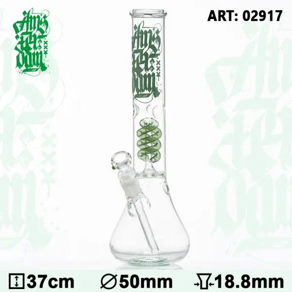 Amsterdam 15" Green Glass Water Pipe with Coil Perc, Front View on White Background