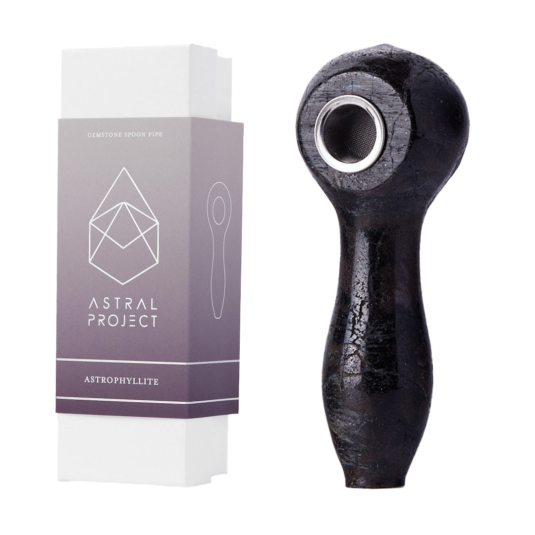 Astral Project Astrophyllite Gemstone Spoon Pipe with packaging, durable borosilicate glass, front view