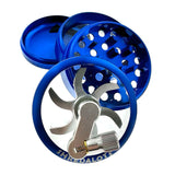 Sir Shredalot Crank Top 4-Part Grinder in Blue, Disassembled View Showing All Parts