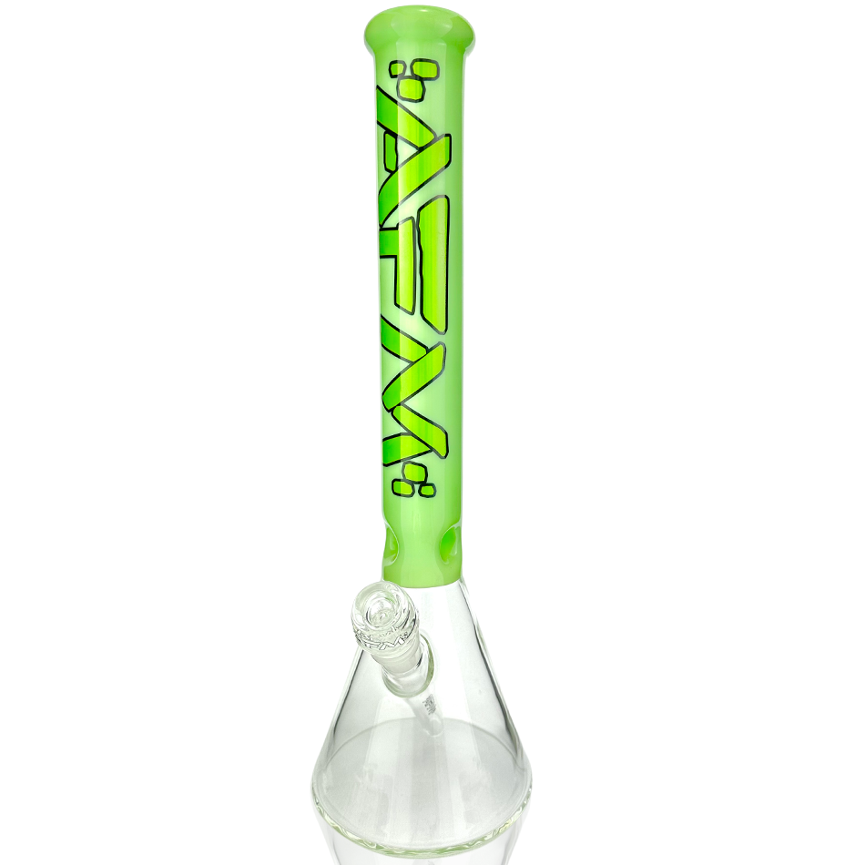 16" AFM Glass Beaker Bong with Slime Green Accents and Clear Base, Front View