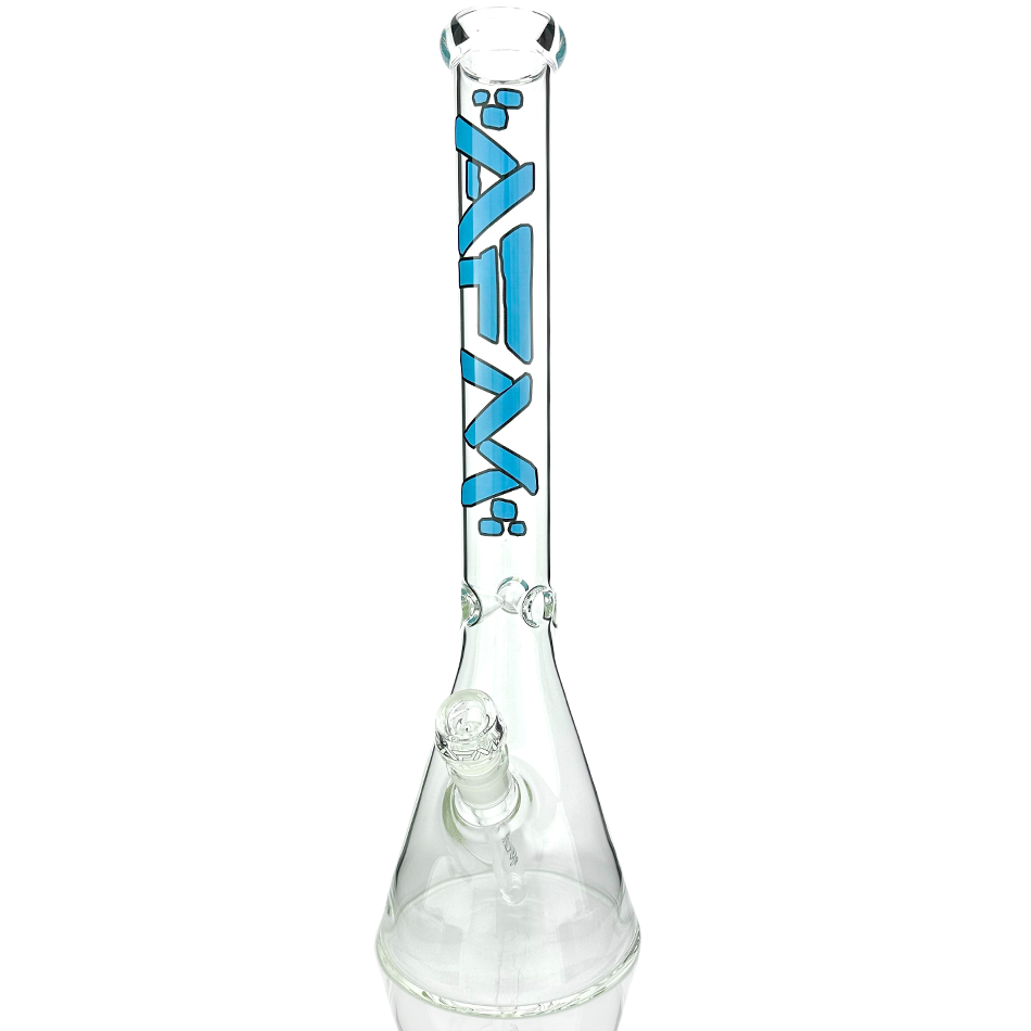 AFM 18" Classic Clear Glass Beaker Bong with Blue Logo, 14mm Female Joint, Front View