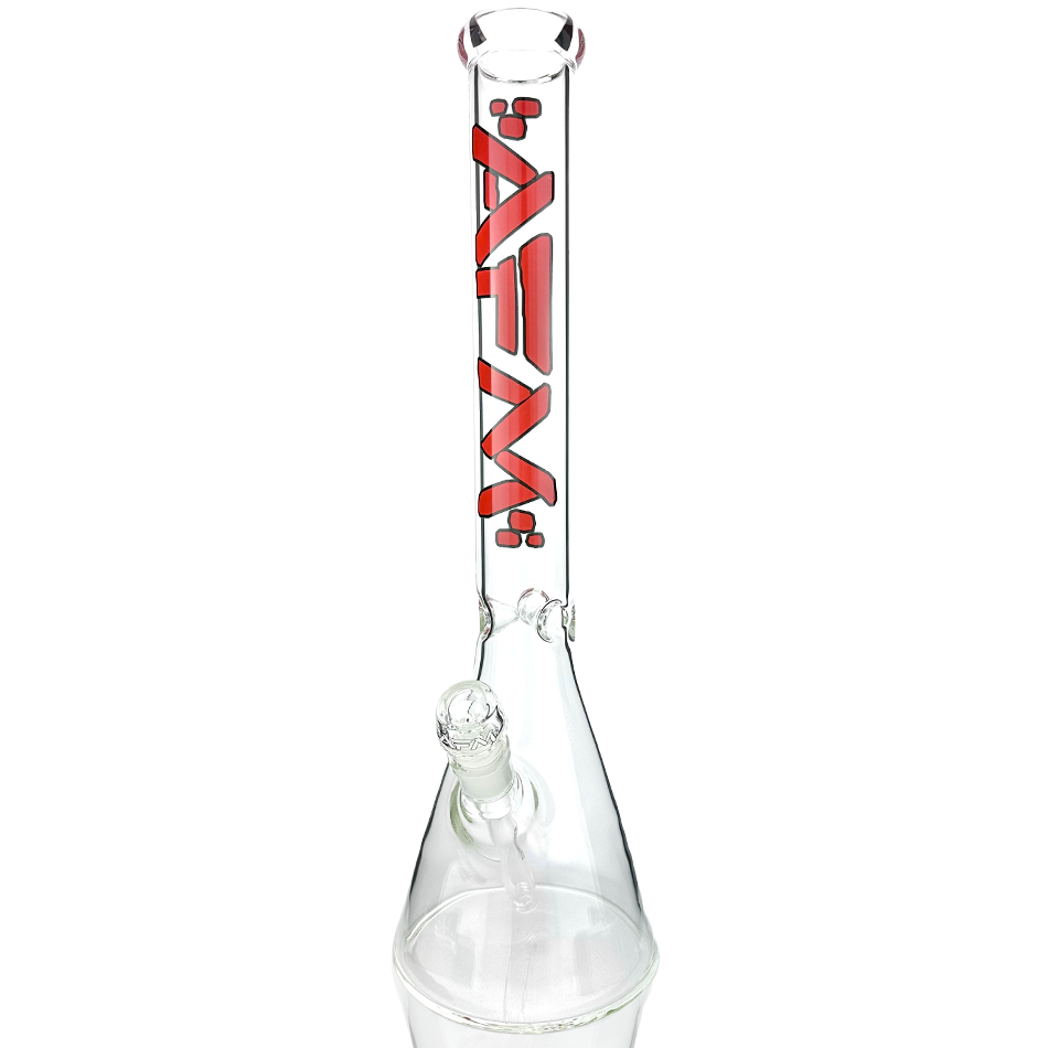 18" AFM Classic Clear Glass Beaker Bong with Red Logo, Front View on White Background