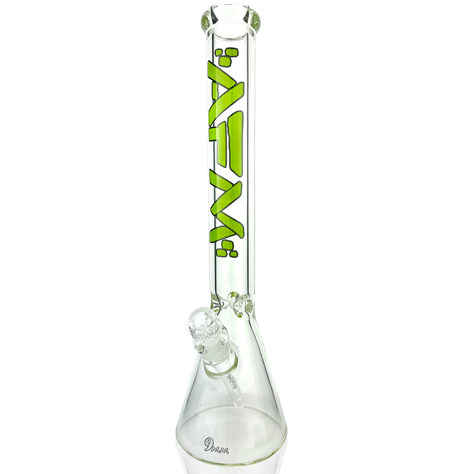 AFM Heavy Boi 18" Clear Glass 9mm Beaker Bong with Green Accents - Front View