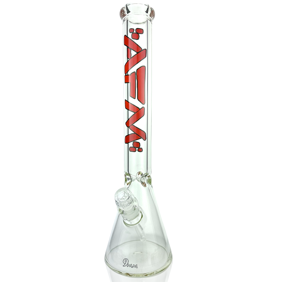 AFM 18" Heavy Boi Beaker Bong in Clear Glass with Lip Stick Red Logo, 9mm Thick Borosilicate, Front View