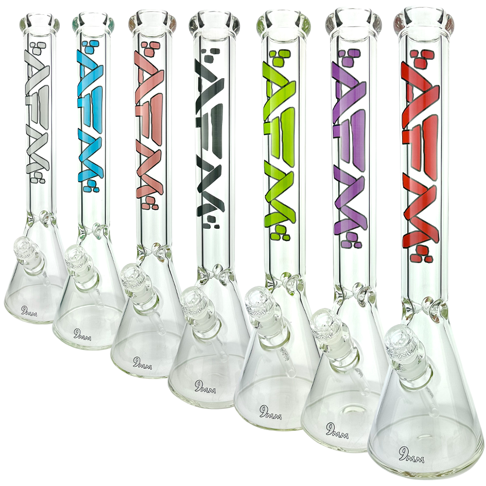 Lineup of 18" AFM Heavy Boi Clear Glass 9mm Beaker Bongs with Colored Logos