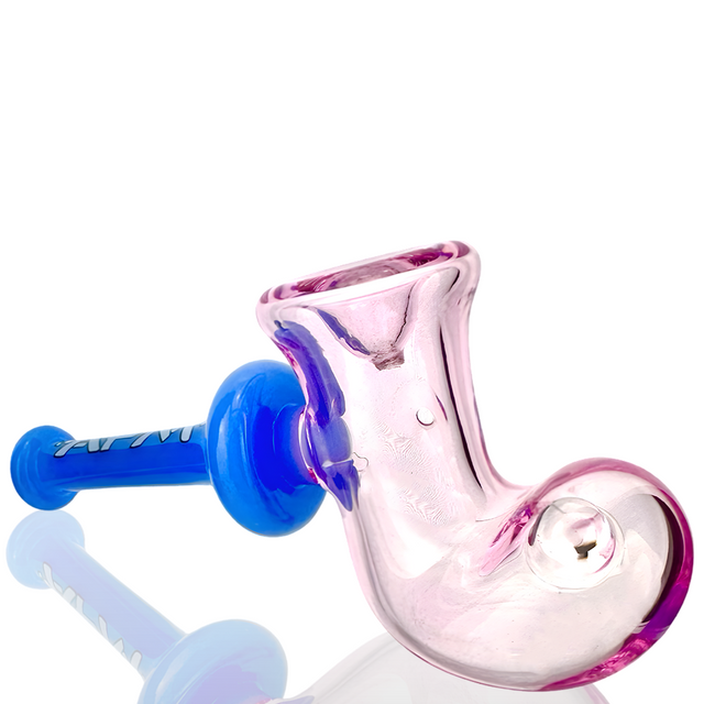 AFM 6" Double Color Boot Pipe with pink and blue glass, side view on white background