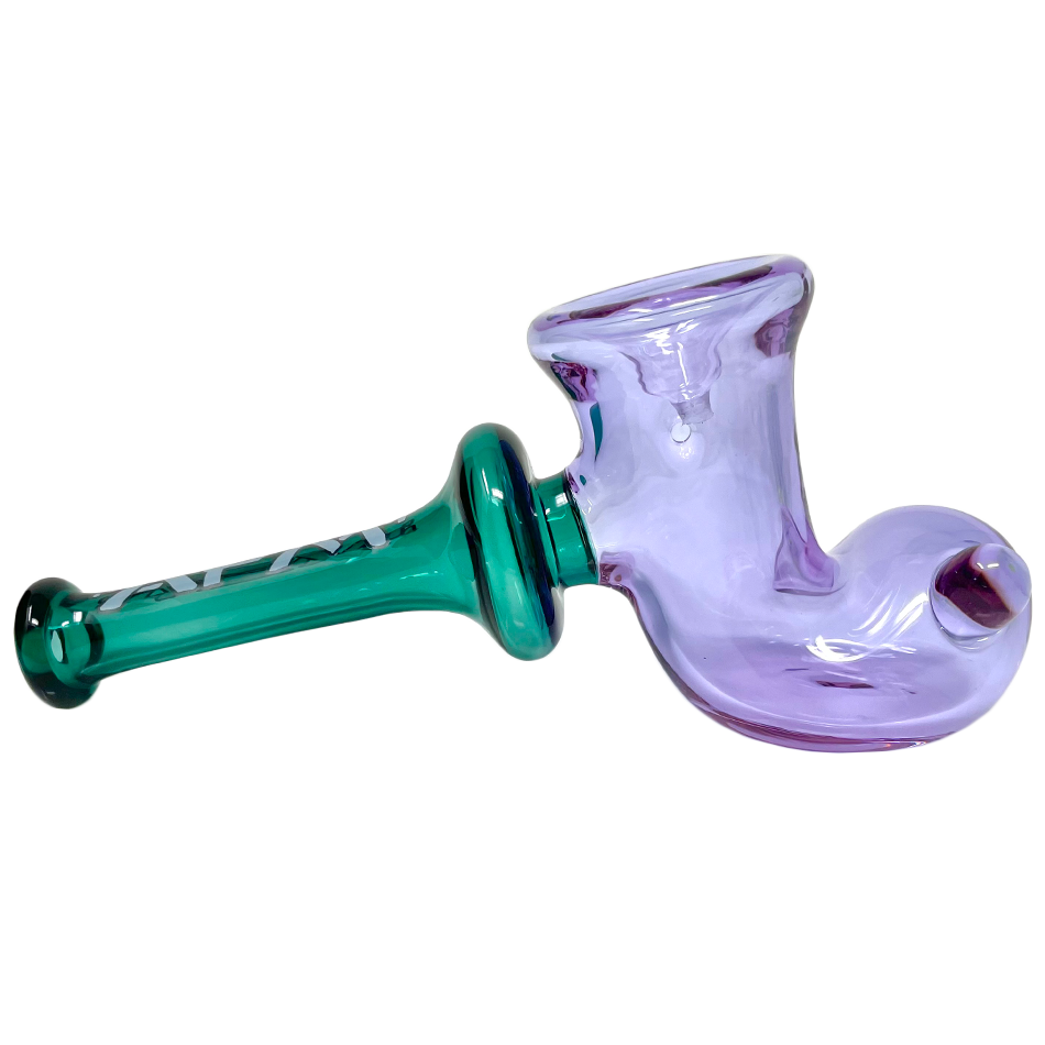 6" AFM Double Color Boot Pipe in Purple and Green, Side View, Colored Glass Hand Pipe